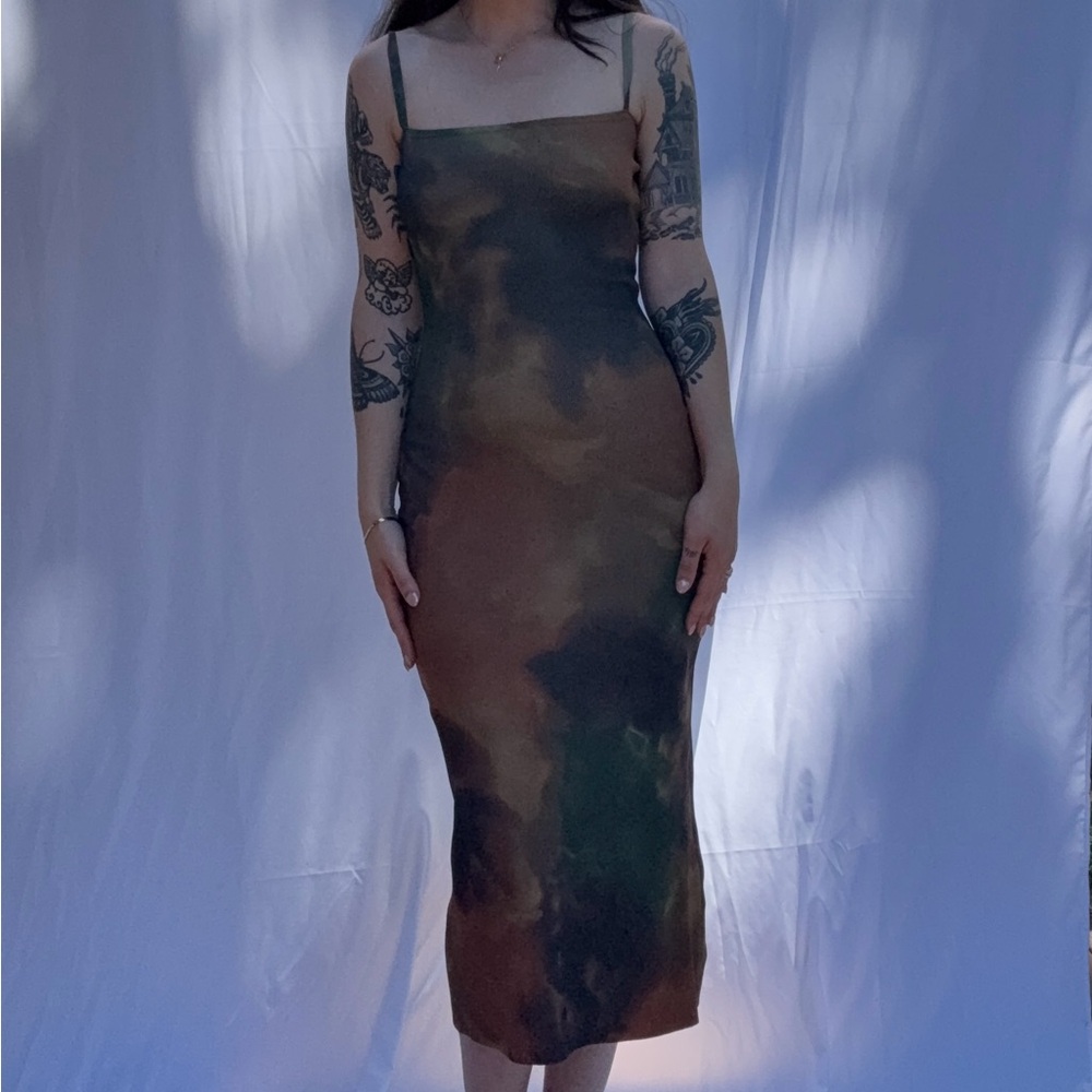 Zara Green Brown Sheath Maxi Dress Square Neck Sleeveless